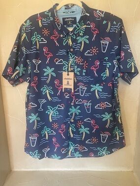 chubbies Navy Short Sleeve Tropical Neon Print Shirt